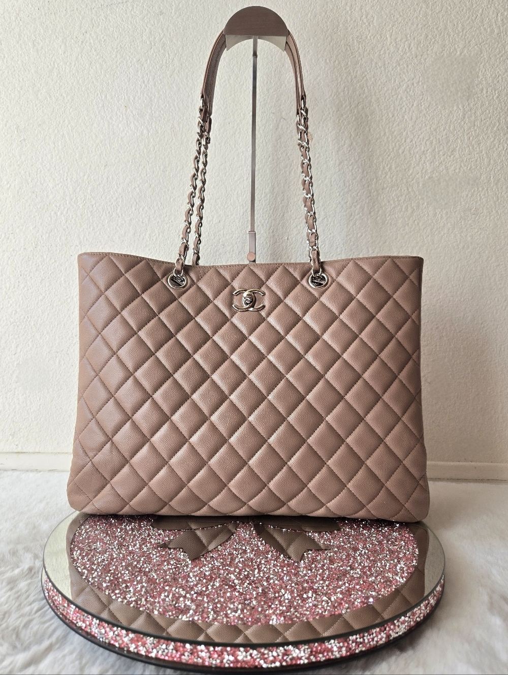Chanel Classic CC Shopping Tote In  Quilted Caviar Leather Silver-tone Hardware